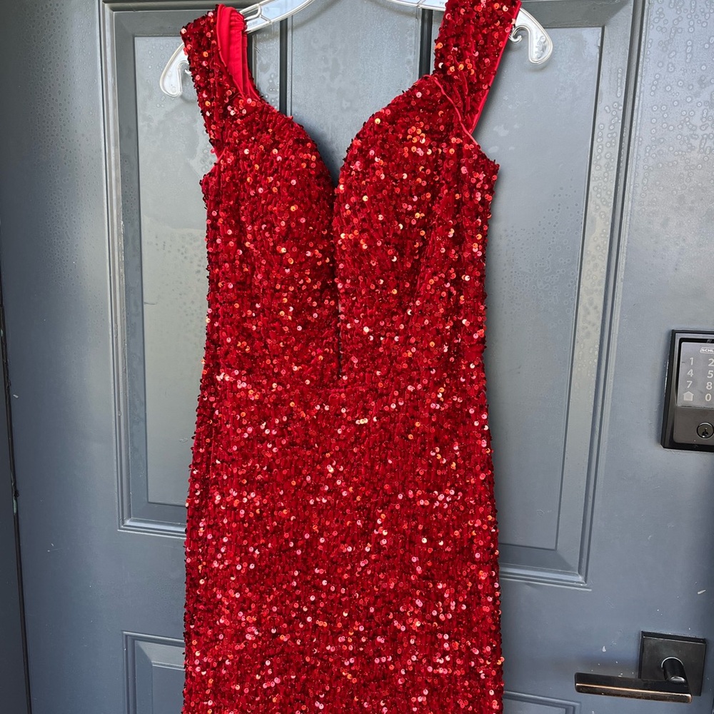 Alyce Paris Off-Shoulder Red Sequin Prom Gown - Picture 3 of 9